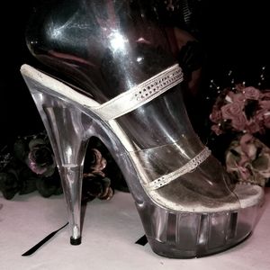 🖤🤍Sexy Clear & Silver Platform Heels w/ Rhinestones Size 7 By Pleazer🤍🖤
